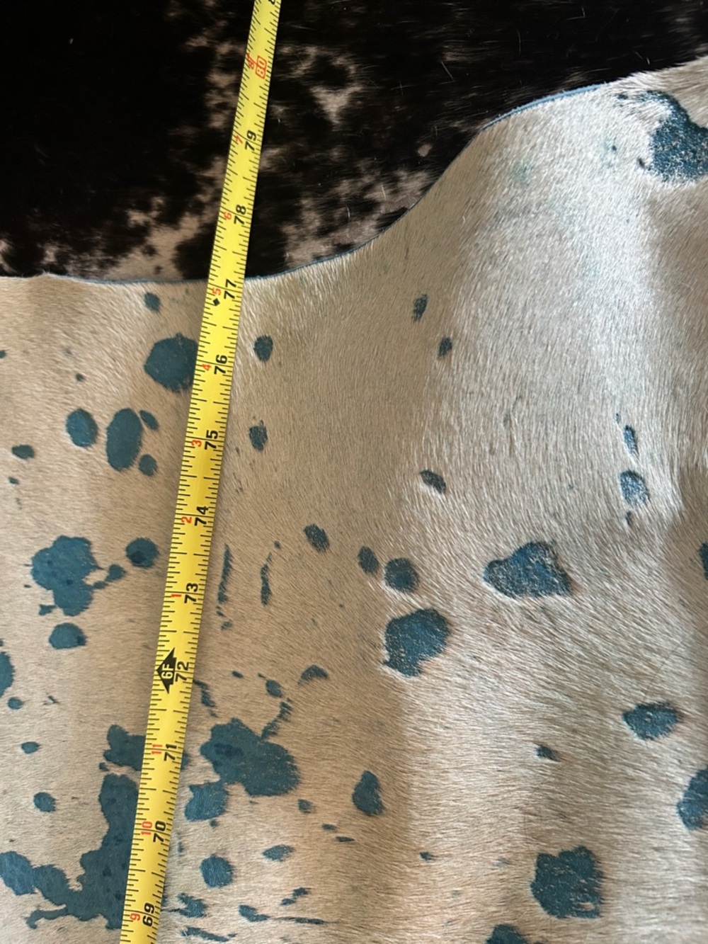Hand-Painted Cowhide Rug with Blue Splatter - Picture 2 of 5